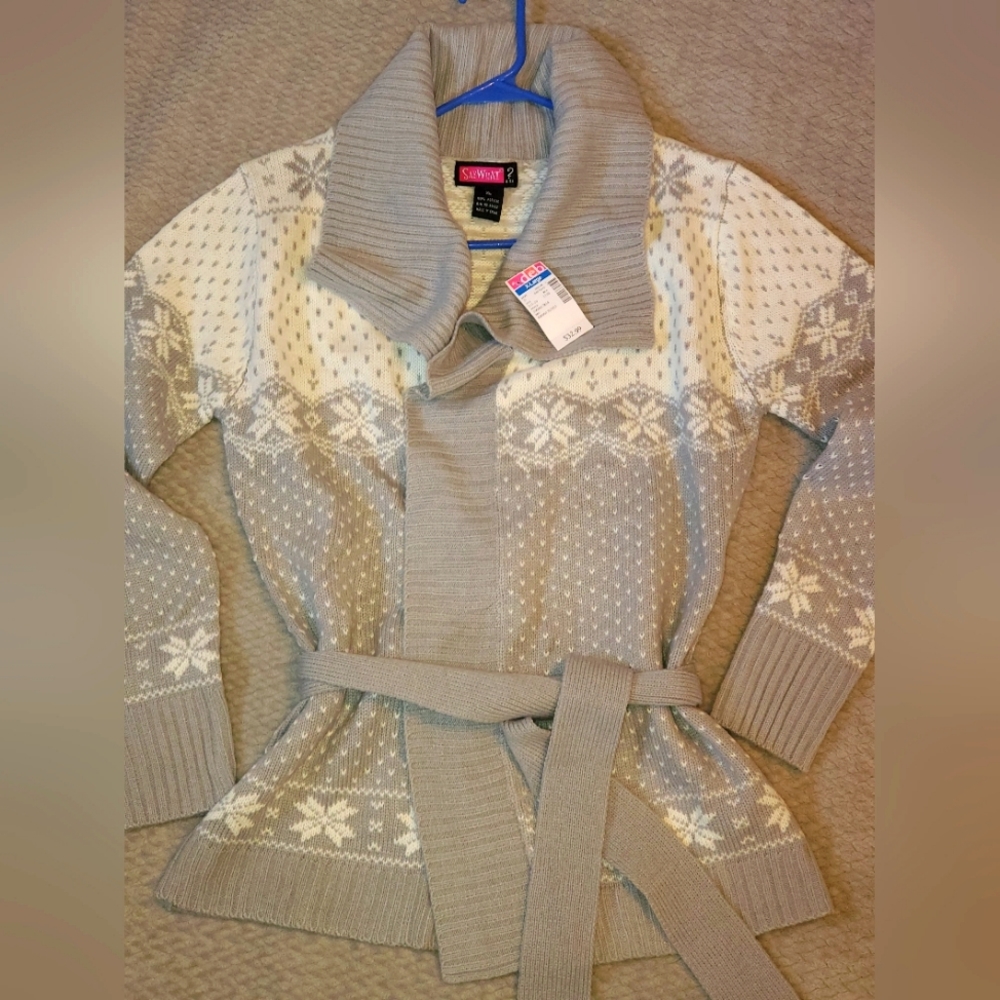 Say What Wrap Sweater, Juniors XL, gray and white